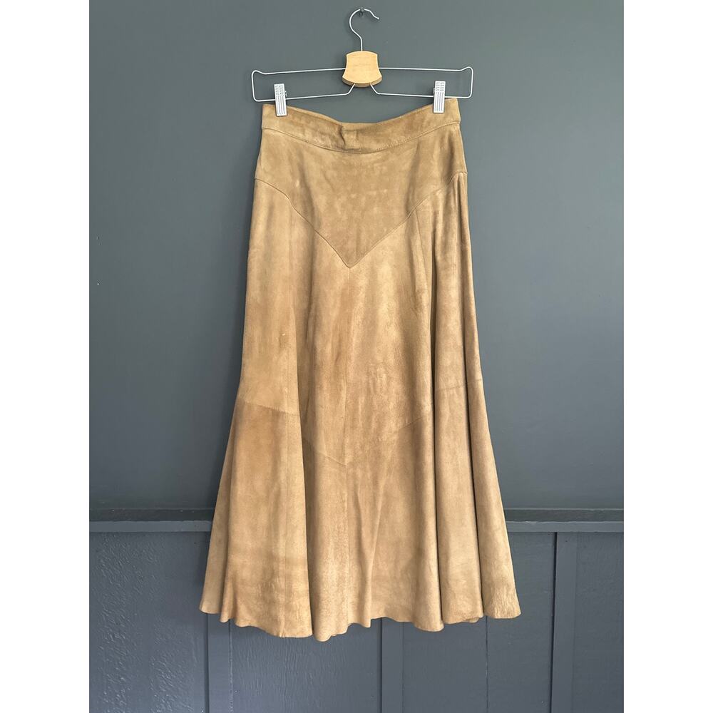 Vintage Tan Western Genuine Leather Lamb Suede Flare High Waist Midi Skirt Sz 8 - Picture 10 of 10